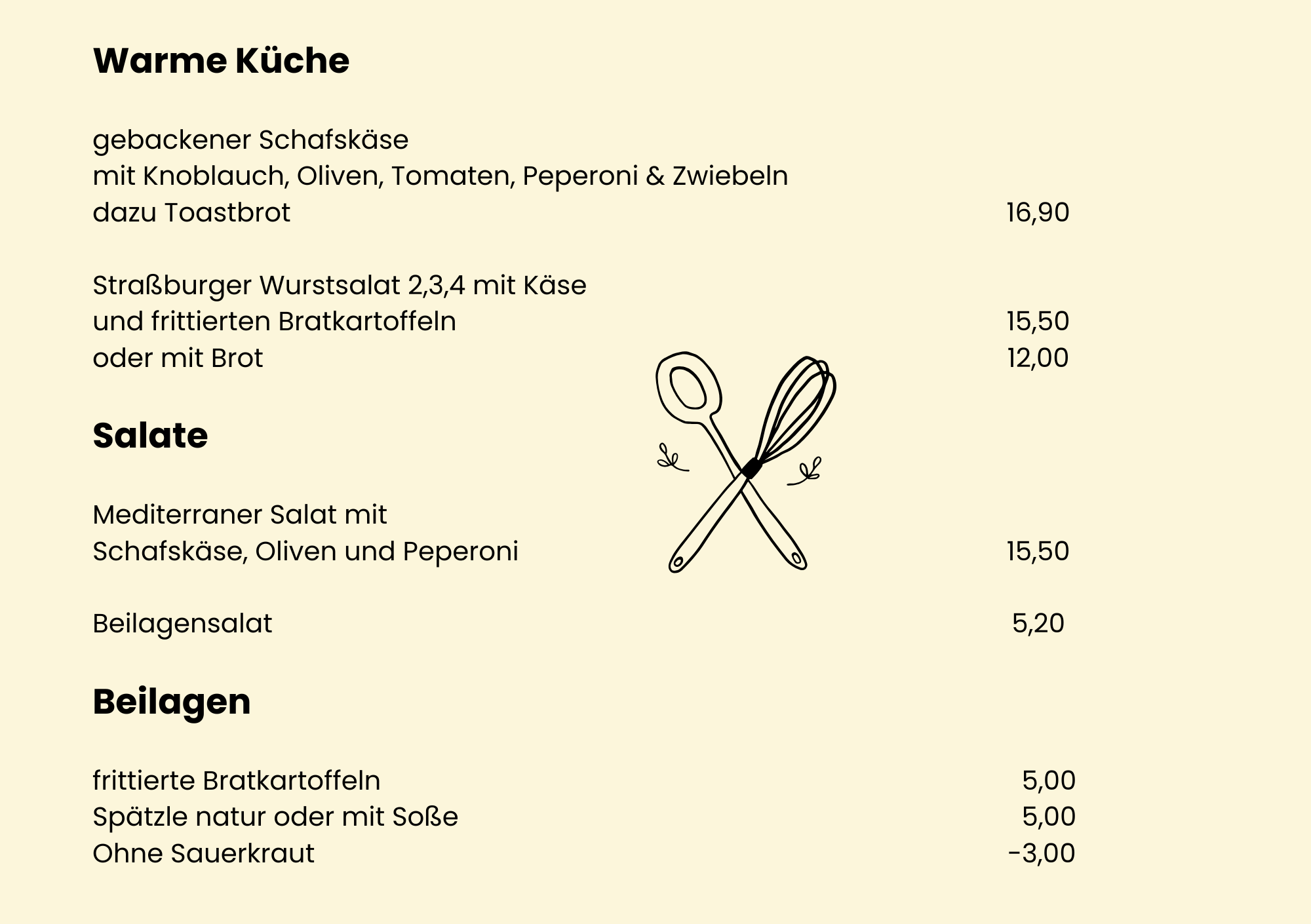 Speisekarte Straußwirtschaft – Warme Küche, Salate und Beilagen, Seite 2